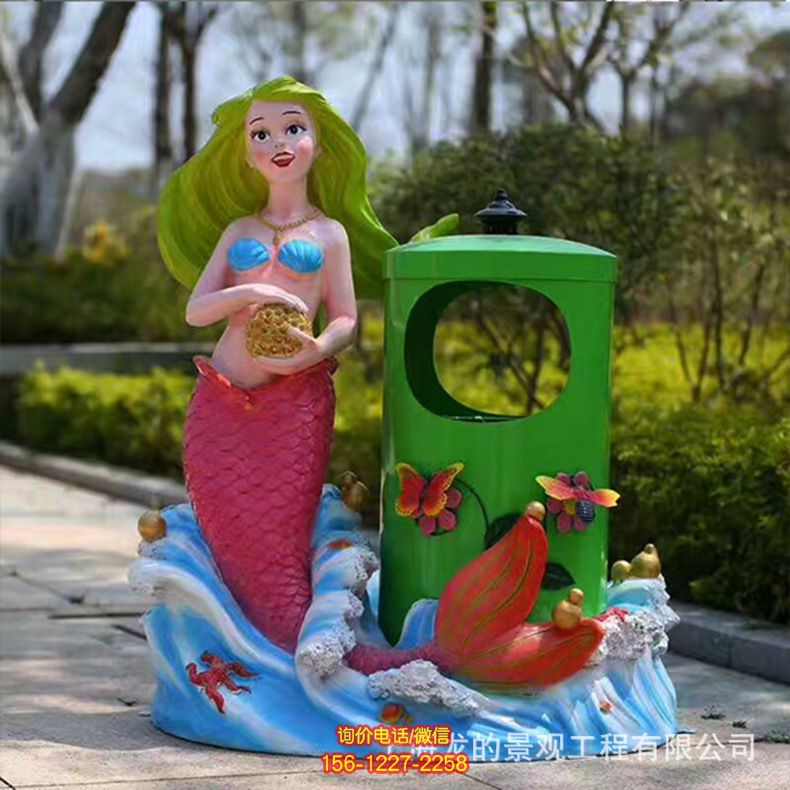 公園街道邊帶垃圾桶的玻璃鋼彩繪美人魚雕塑 公園街道邊帶垃圾桶的玻璃鋼彩繪美人魚雕塑